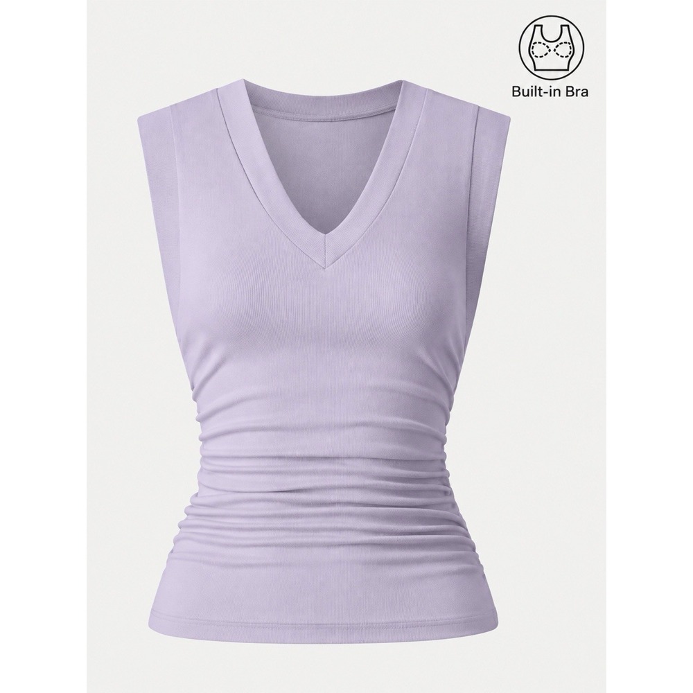 OGL Ribbed V-Neck Padded Shelf Bra Brami Tank Top Ruched Sleeveless Women's XL